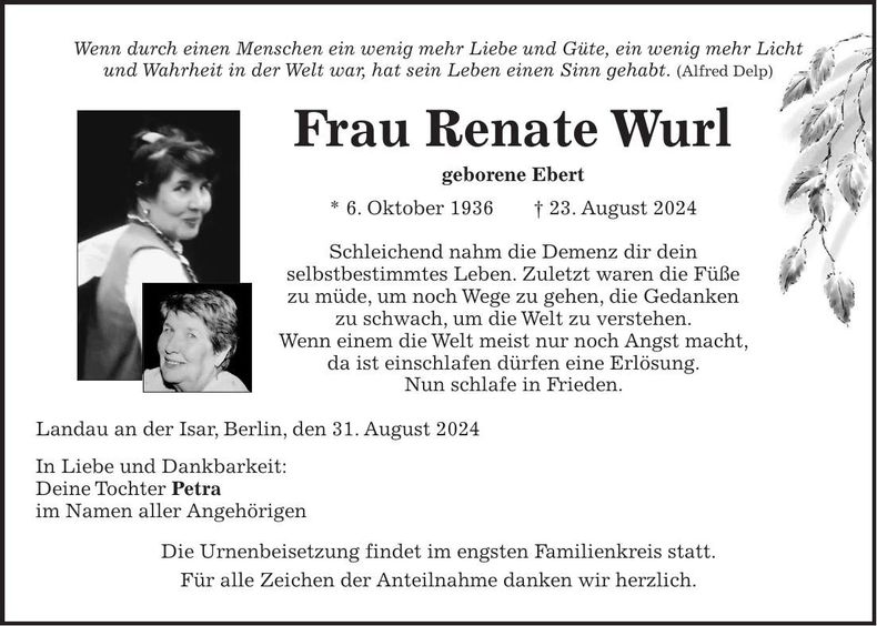 Traueranzeige Renate Wurl