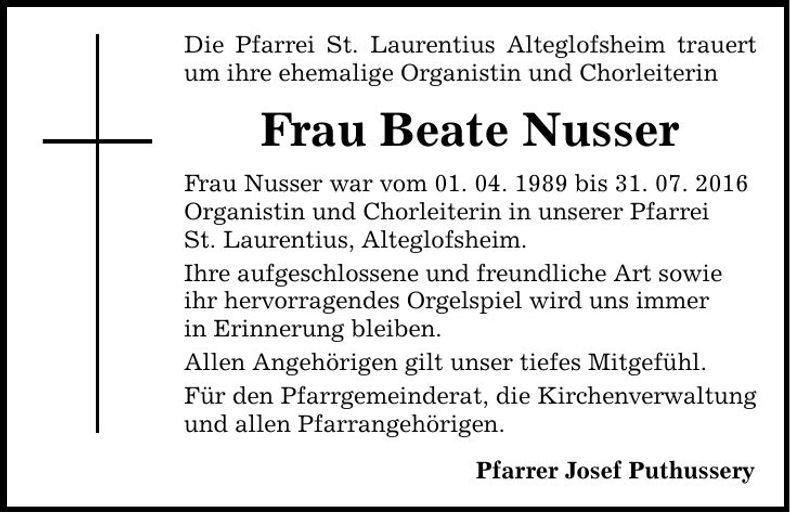 Traueranzeige Beate Nusser