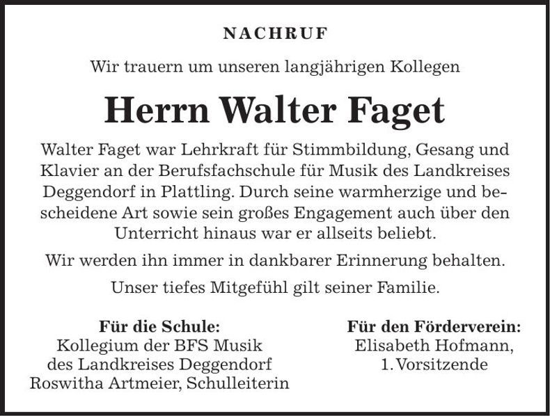 Traueranzeige Walter Faget