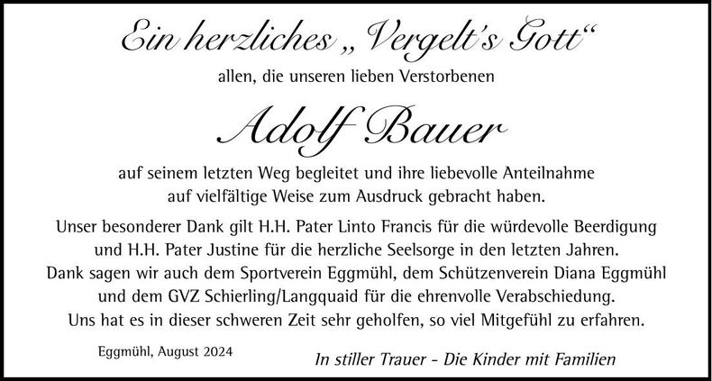 Traueranzeige Adolf Bauer