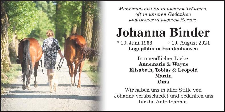 Traueranzeige Johanna Binder