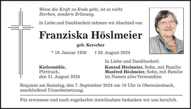 Traueranzeige Franziska Höslmeier