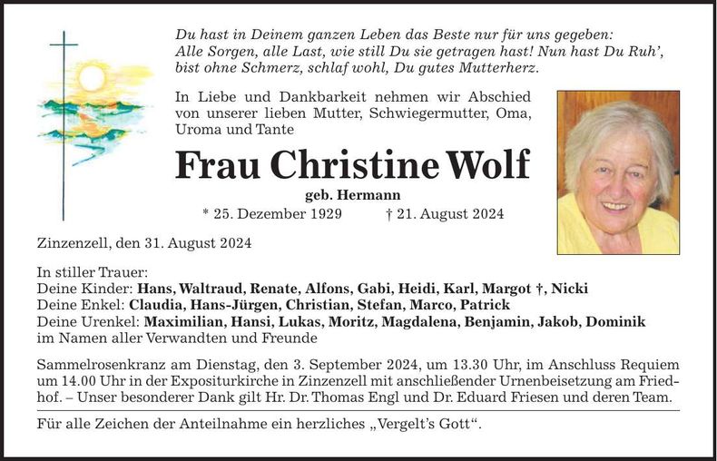 Traueranzeige Christine Wolf