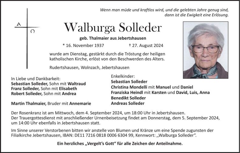Traueranzeige Walburga Solleder