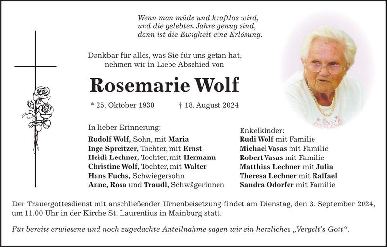 Traueranzeige Rosemarie Wolf