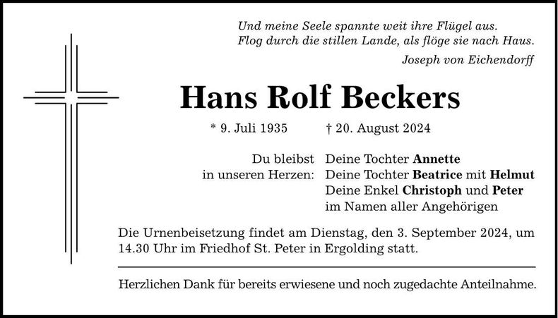 Traueranzeige Hans Rolf Beckers
