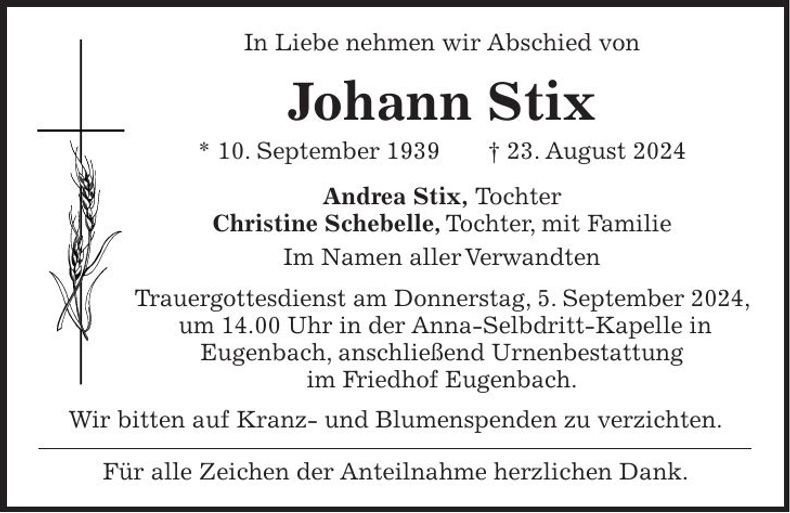 Traueranzeige Johann Stix