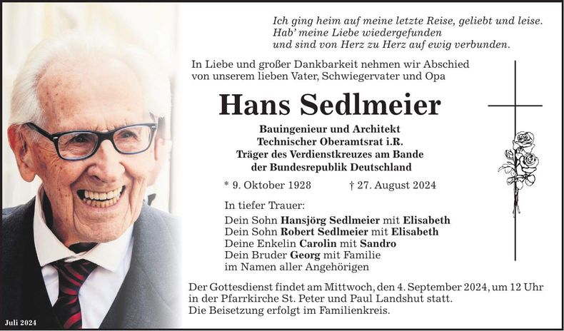 Traueranzeige Hans Sedlmeier