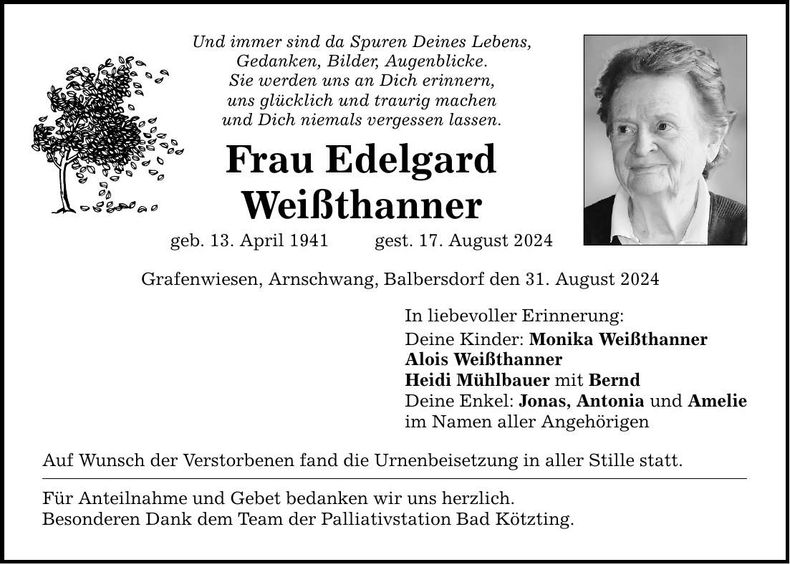 Traueranzeige Edelgard Weißthanner