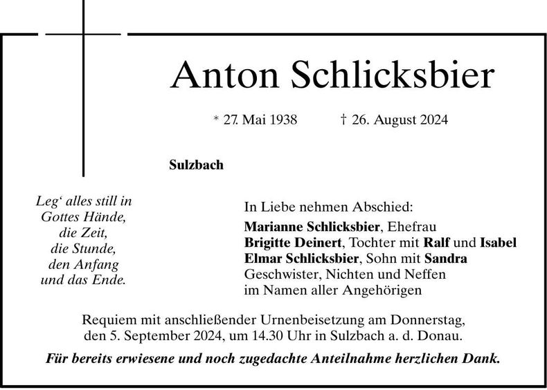 Traueranzeige Anton Schlicksbier