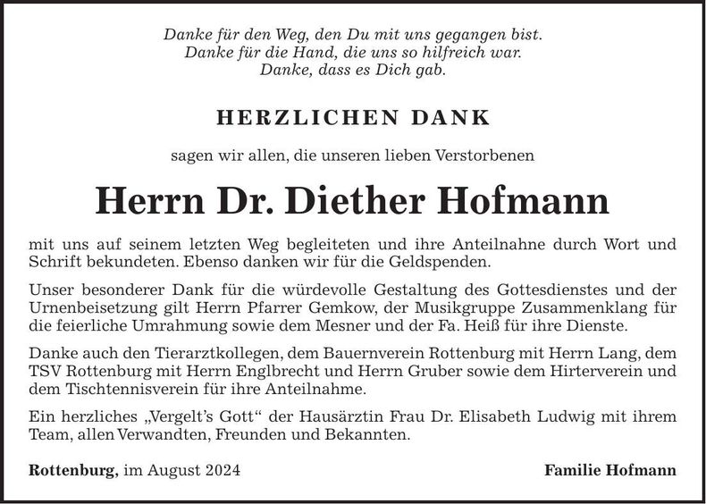 Traueranzeige Diether Hofmann