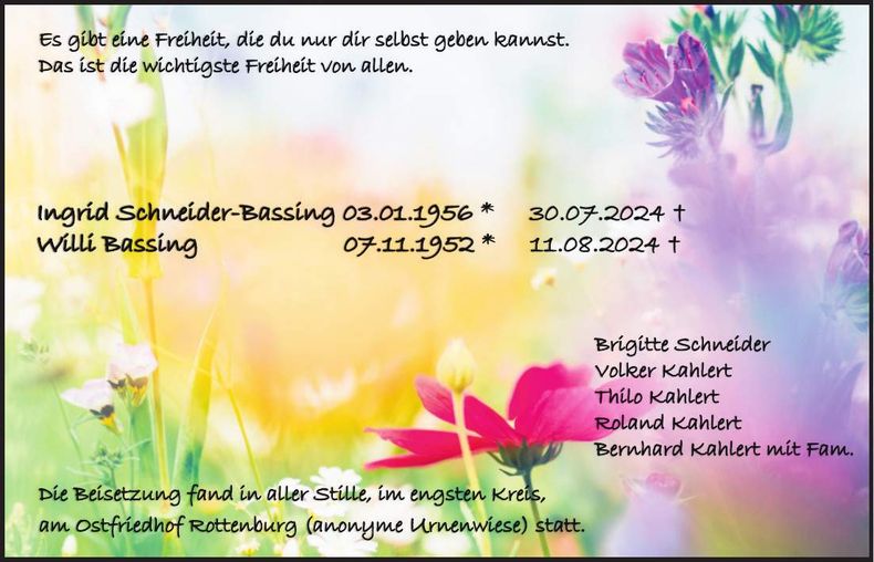 Traueranzeige Bassing Willi Schneider-Bassing Ingrid