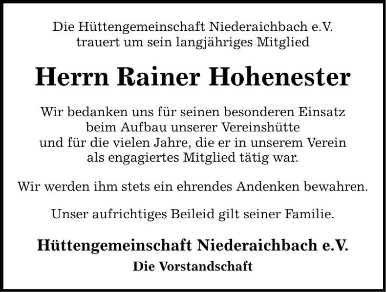 Traueranzeige Rainer Hohenester