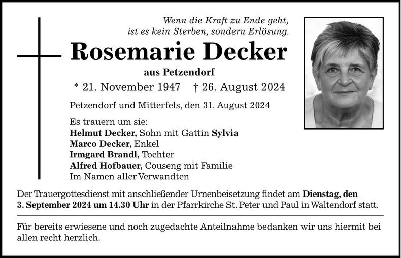 Traueranzeige Rosemarie Decker
