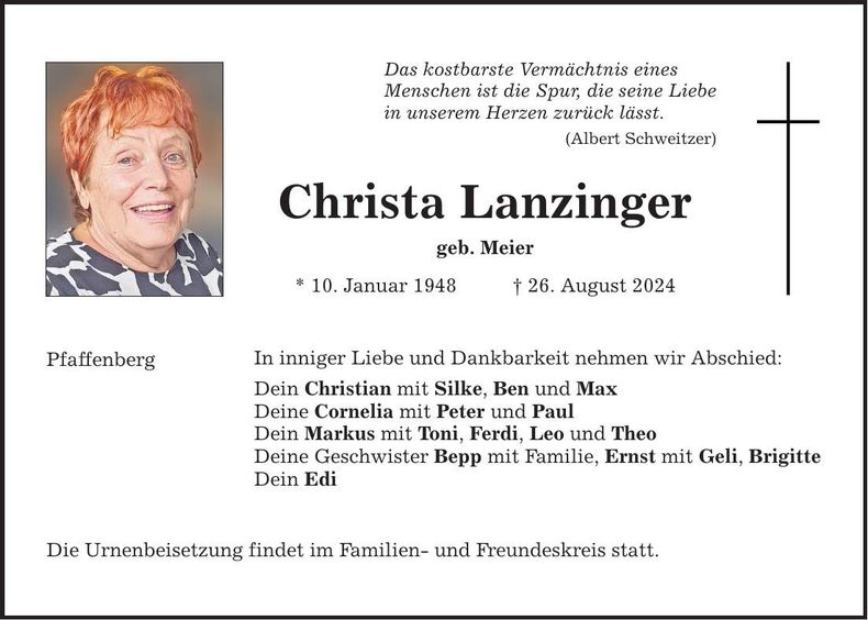 Traueranzeige Christa Lanzinger