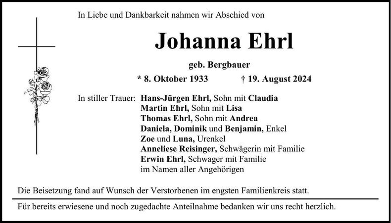 Traueranzeige Johanna Ehrl