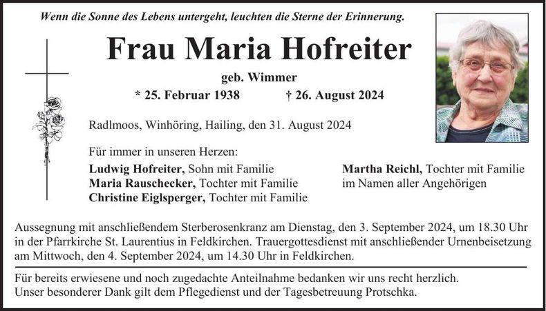 Traueranzeige Maria Hofreiter