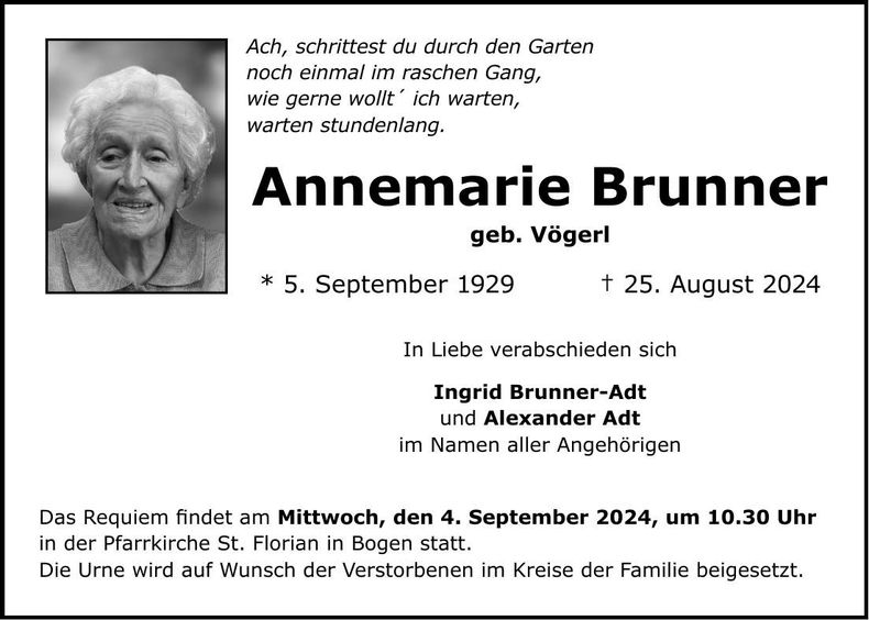 Traueranzeige Annemarie Brunner