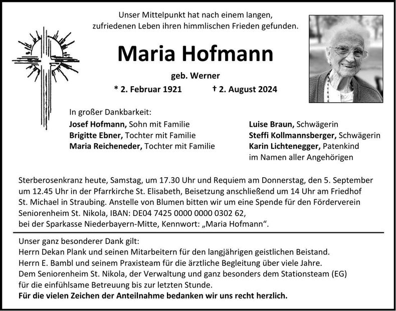 Traueranzeige Maria Hofmann