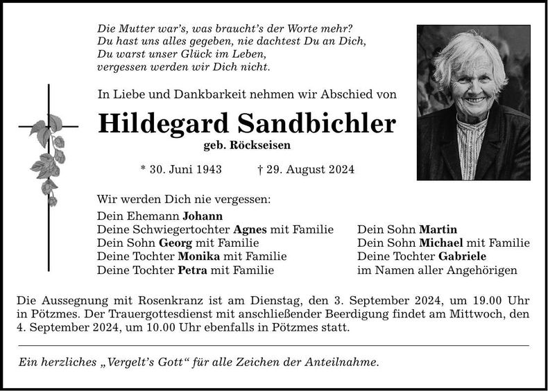 Traueranzeige Hildegard Sandbichler