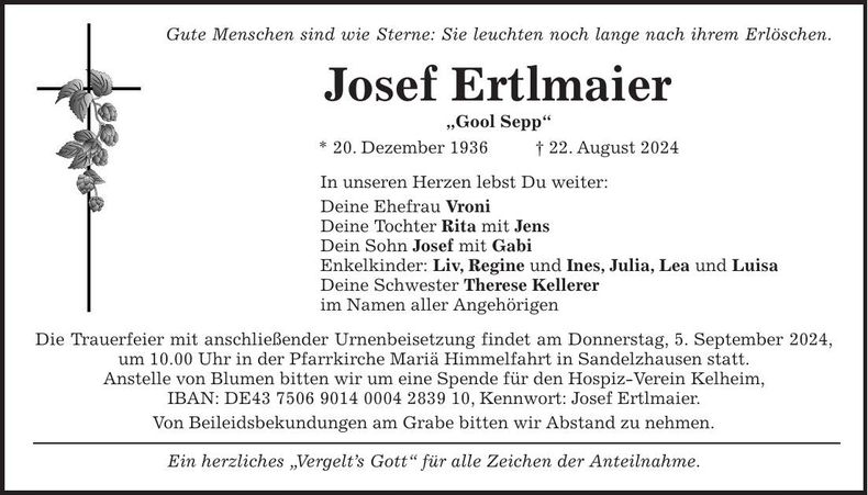 Traueranzeige Josef Ertlmaier