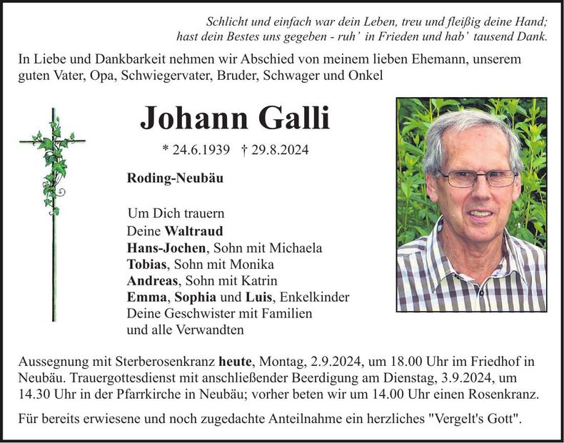 Traueranzeige Johann Galli