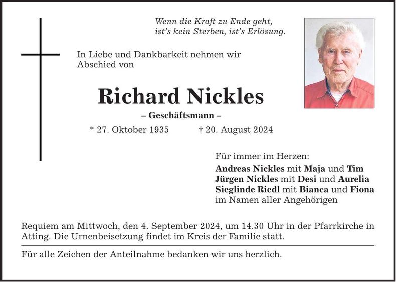 Traueranzeige Richard Nickles