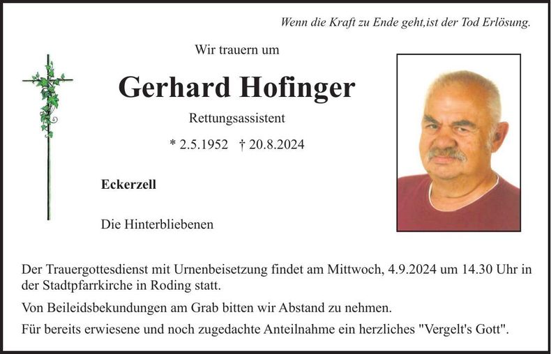 Traueranzeige Gerhard Hofinger