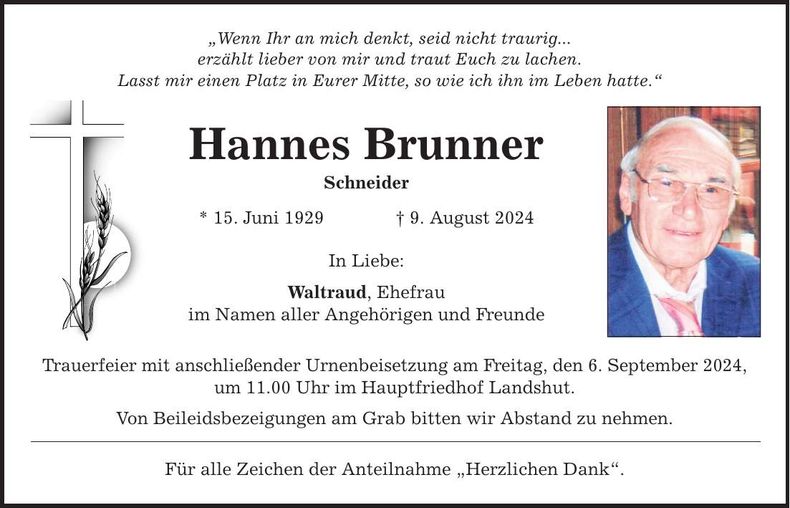 Traueranzeige Hannes Brunner