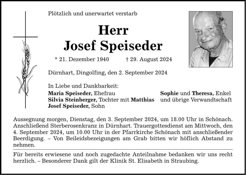 Traueranzeige Josef Speiseder