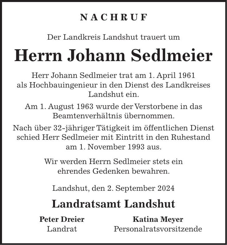 Traueranzeige Johann Sedlmeier
