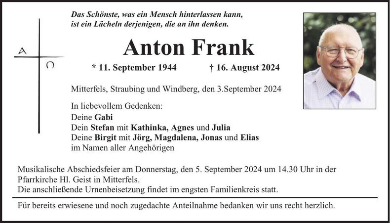 Traueranzeige Anton Frank