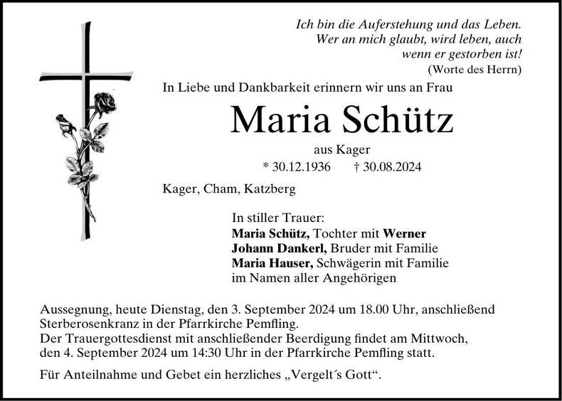 Traueranzeige Maria Schütz