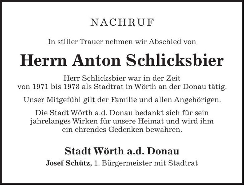 Traueranzeige Anton Schlicksbier