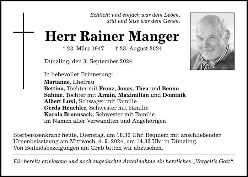 Traueranzeige Rainer Manger