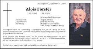 Traueranzeige Alois Forster