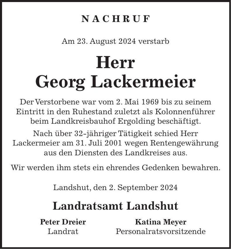 Traueranzeige Georg Lackermeier
