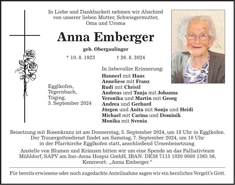 Traueranzeige Anna Emberger