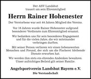 Traueranzeige Rainer Hohenester