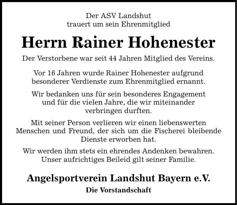 Traueranzeige Rainer Hohenester