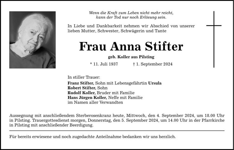 Traueranzeige Anna Stifter