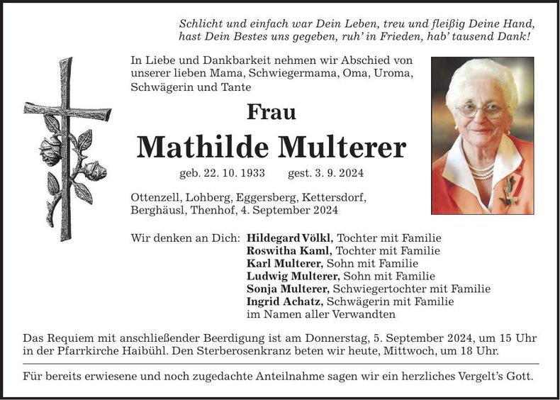 Traueranzeige Mathilde Multerer