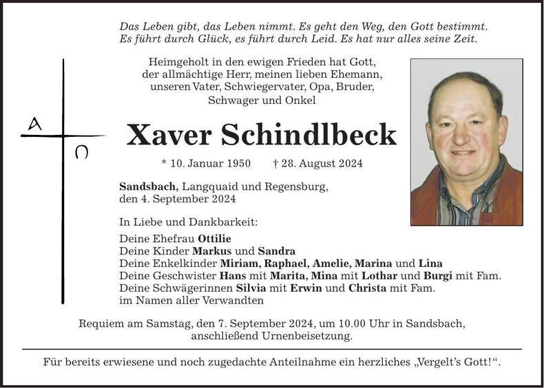 Traueranzeige Xaver Schindlbeck