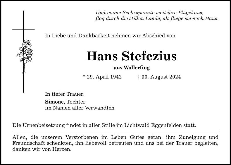 Traueranzeige Hans Stefezius