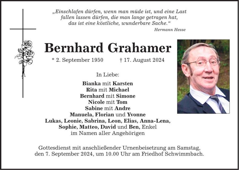 Traueranzeige Bernhard Grahamer