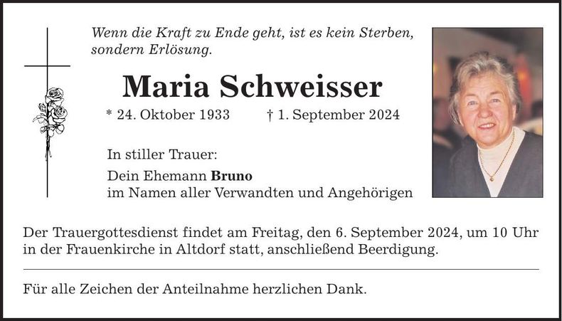 Traueranzeige Maria Schweisser