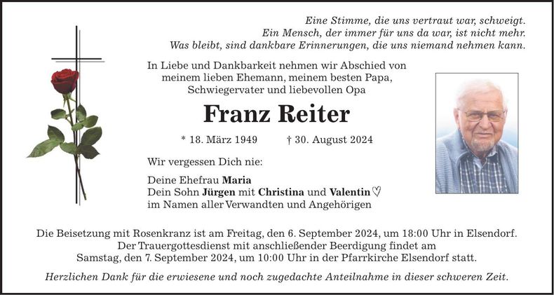 Traueranzeige Franz Reiter