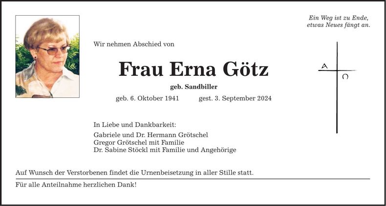 Traueranzeige Erna Götz