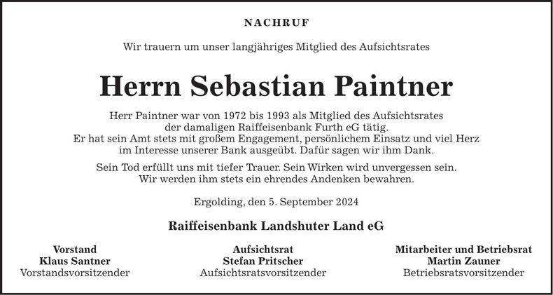 Traueranzeige Sebastian Paintner