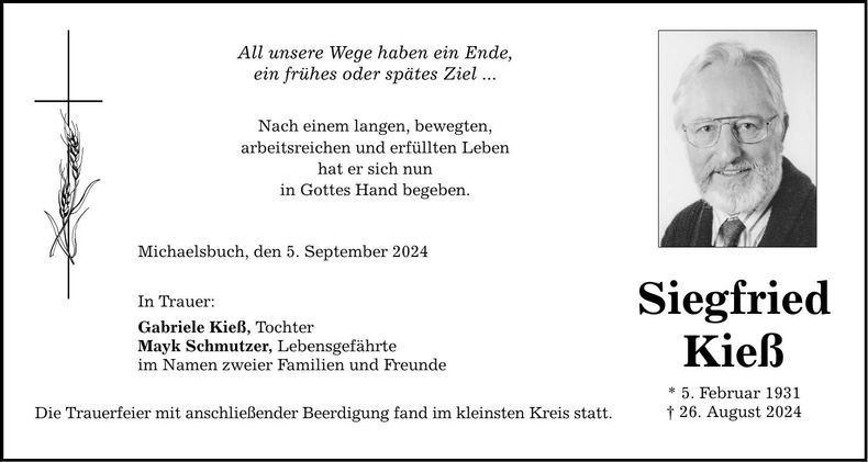Traueranzeige Siegfried Kieß